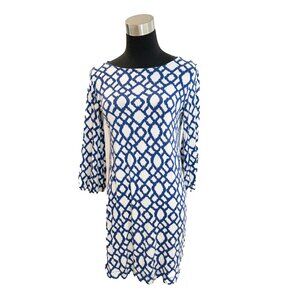 Blue and white pattern swing dress with bell sleeves, looks like Lilly, small